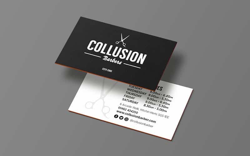 collusion barbers hitchin business card design