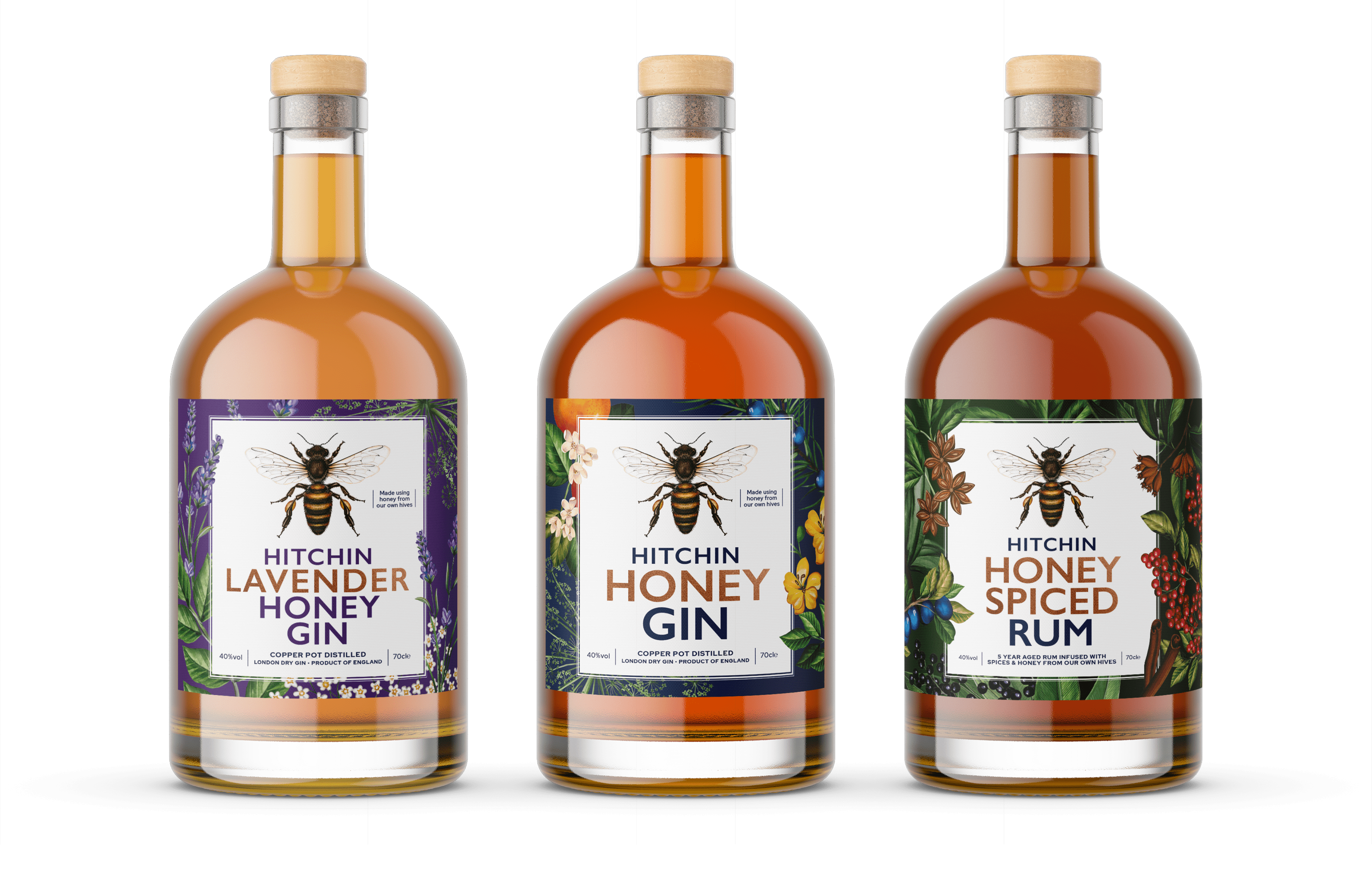 Cardona & Son Spirit Co. Bottles hitchin honey gin rum lavender label design